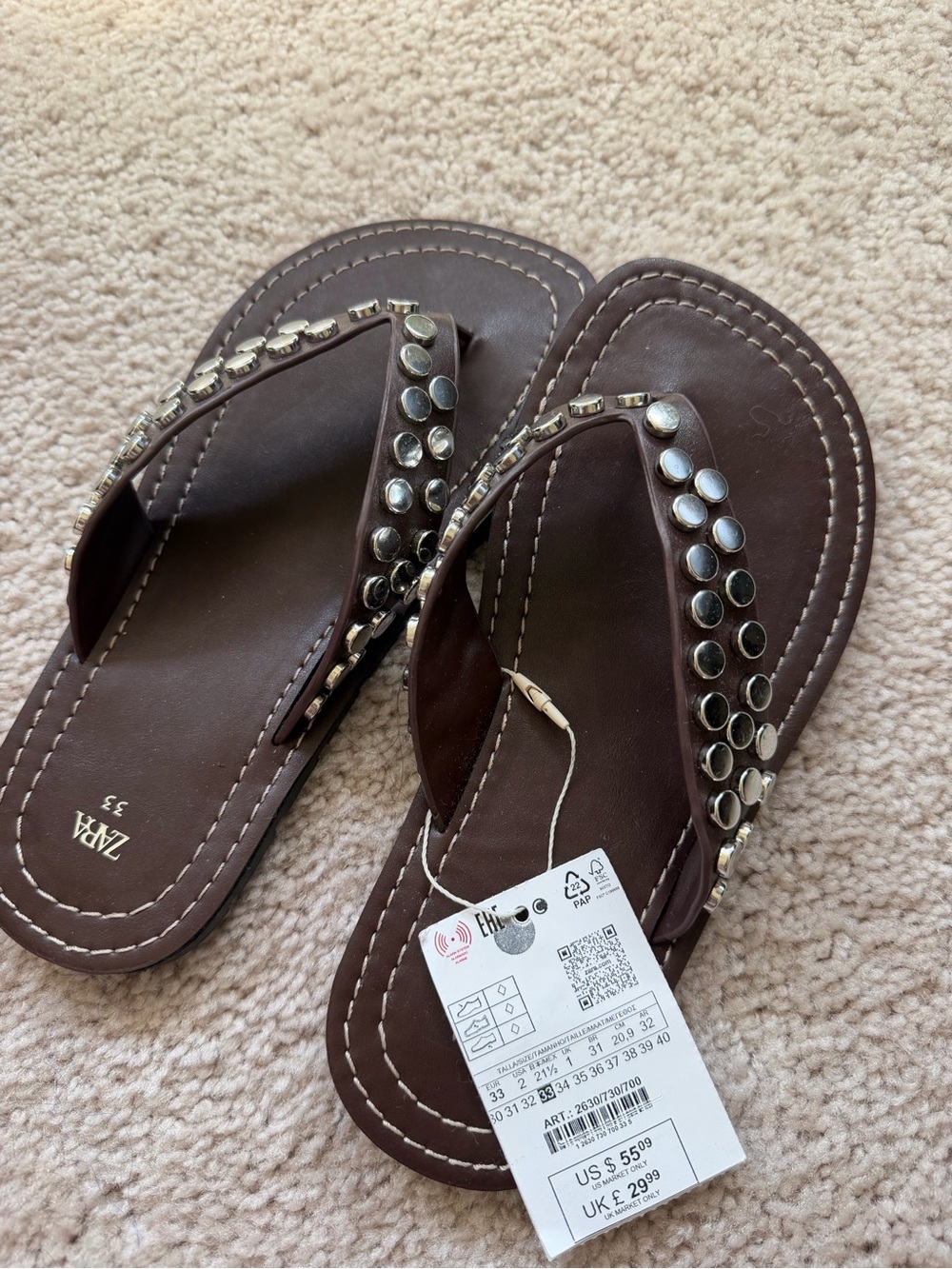 Zara Brown Embellished Toe-Post Sandals